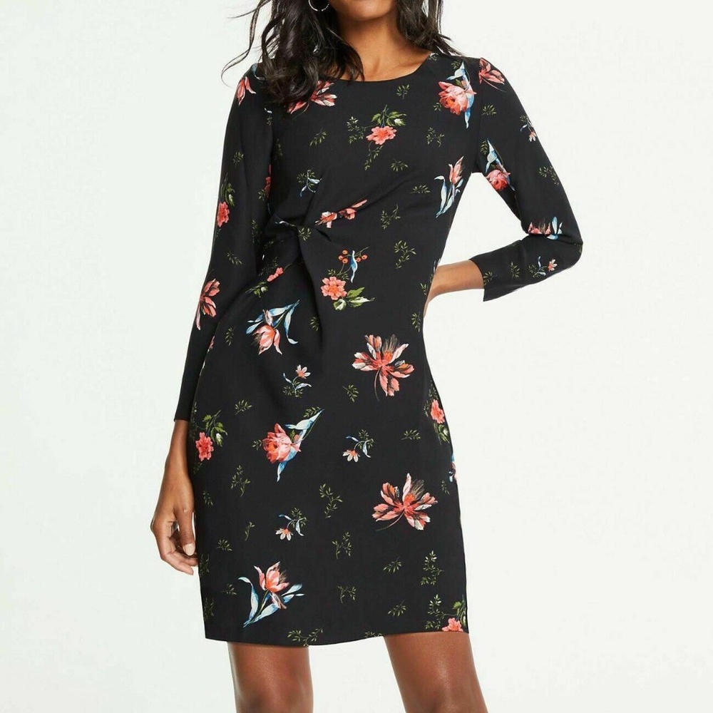 Ann Taylor Dress Black Garden Floral Side Knot